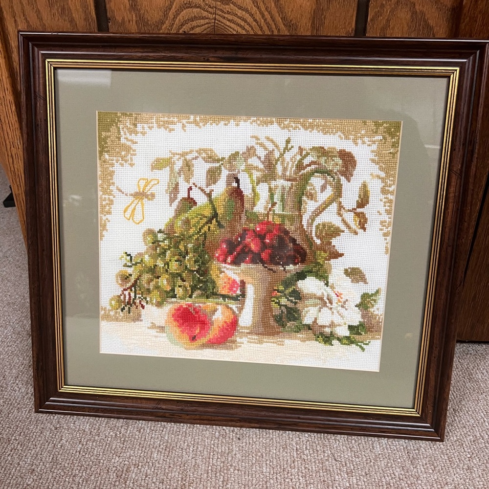Framed Fruit and Floral Needlepoint Art 14x16